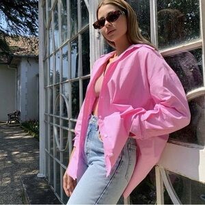 Zara Barbie Pink Poplin Button Up Collared Long Sleeve Oversized Cotton Shirt